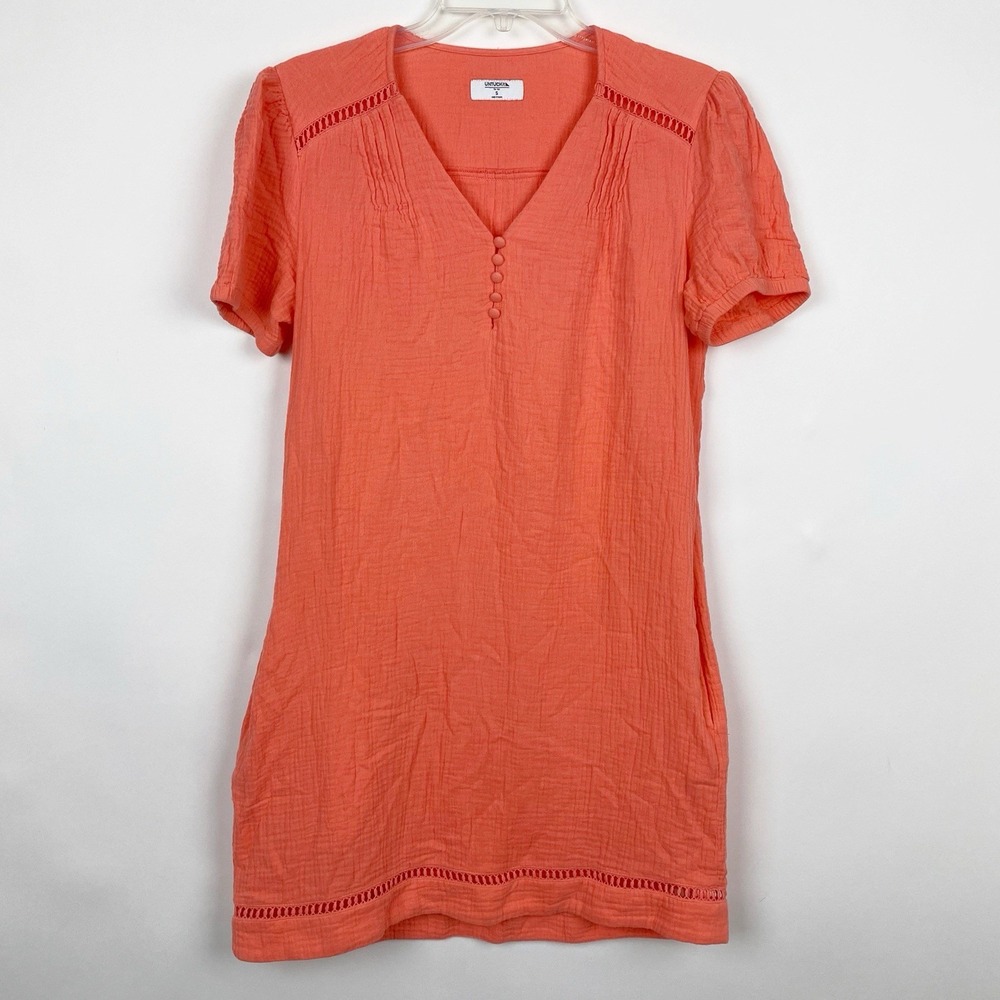 UNTUCKit‎ Cotton Gauze Ladder Lace Pintuck Shift Dress Womens Small Coral Orange